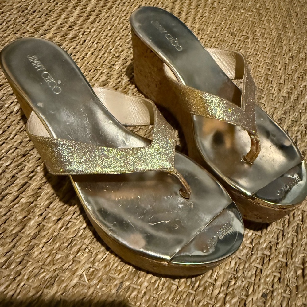 Jimmy Choo Gold Glitter Wedge Sandals 36.5 Y2K!!!